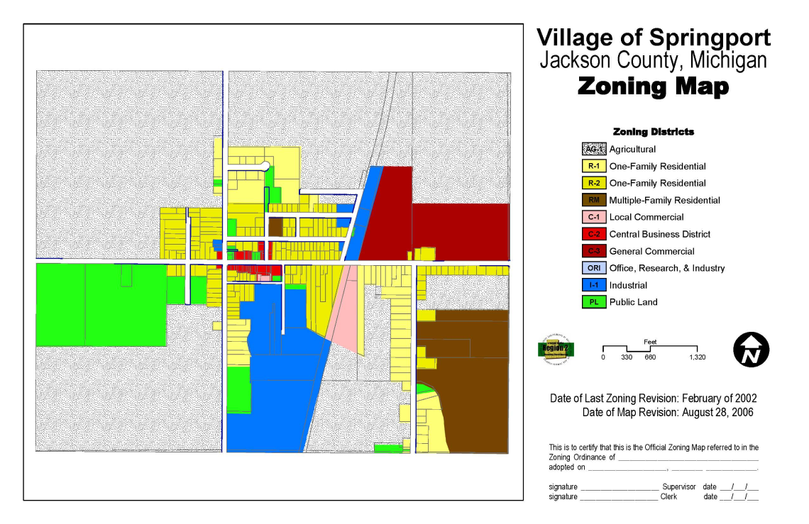 A zoning map of the Village of Springport, Jackson County, Michigan.