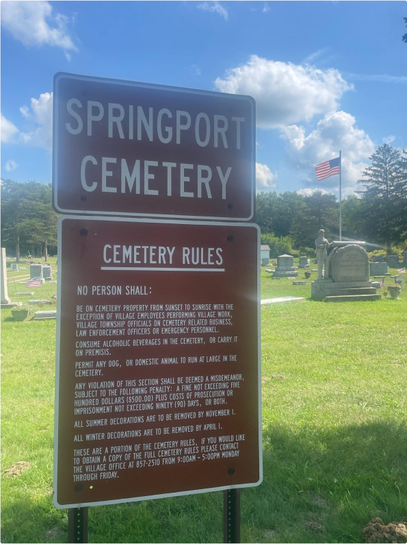 A photo of the Springport Cemetery Rules sign.